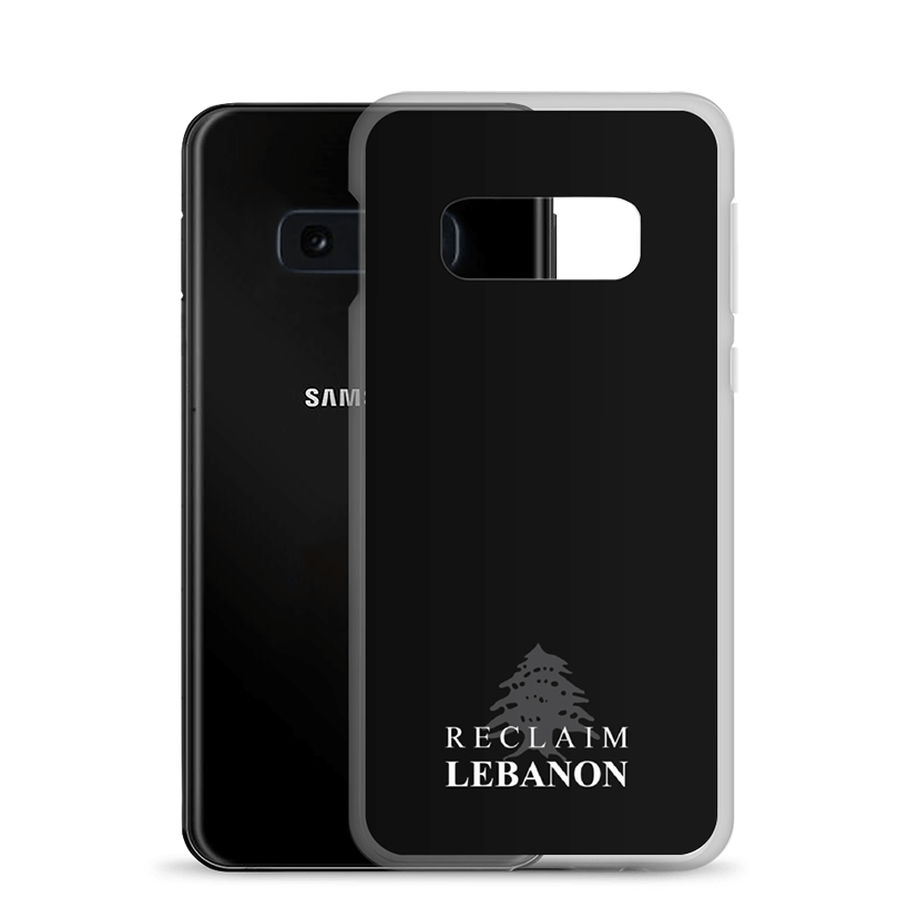 A black phone case with Reclaim Lebanon over layed over a grey cedar tree.